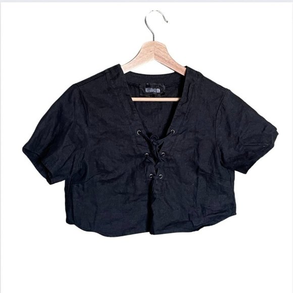 Reformation Tops - Reformation black linen boxy cropped short sleeve top size medium